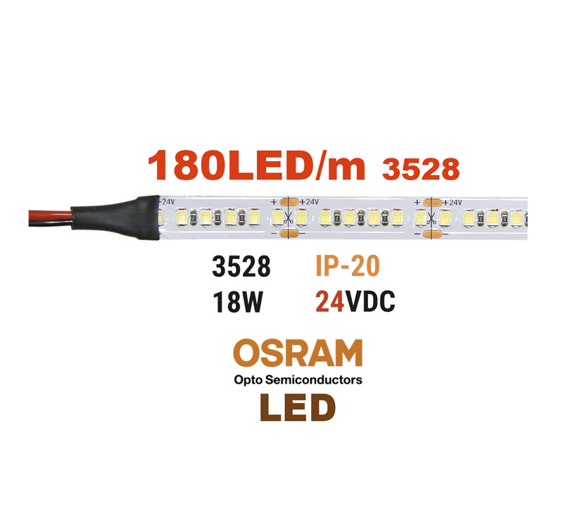 ΤΑΙΝΙΑ LED 5m 24VDC 18W/m 180LED/m ΘΕΡΜΟ IP20(OSRAM LED) Ταινίες Led 
